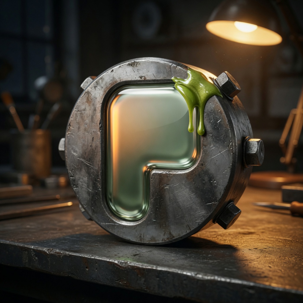Steel house die with the chrome P and a drip of lime wax.