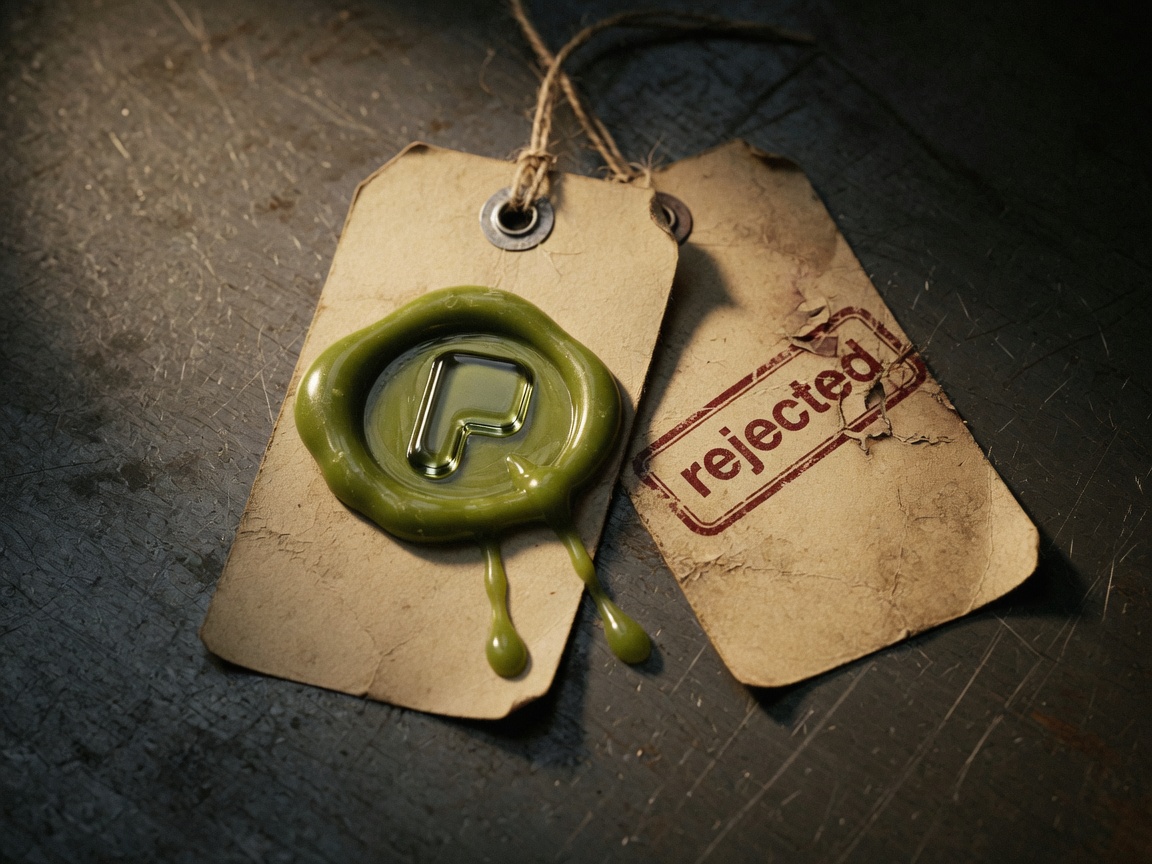 Two kraft tags on steel: one sealed in lime wax with the house P, one stamped rejected.
