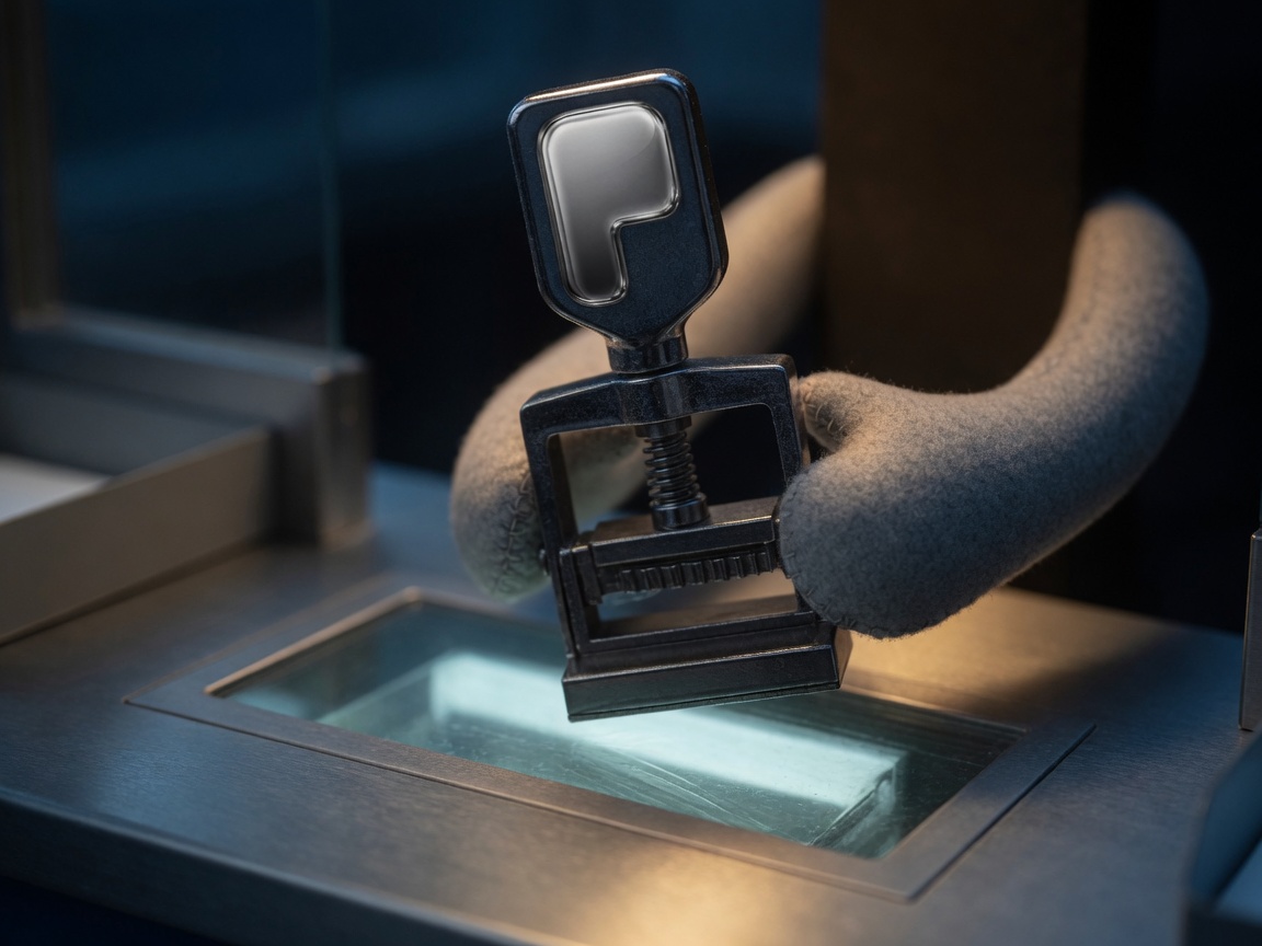 Felt hands gripping the steel P-press over the glowing glass intake slot. No portrait — only the work.