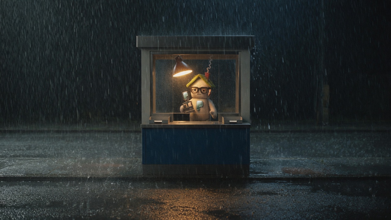 The booth alone on a wet night street, lamp on, officer at the glass with the P press.