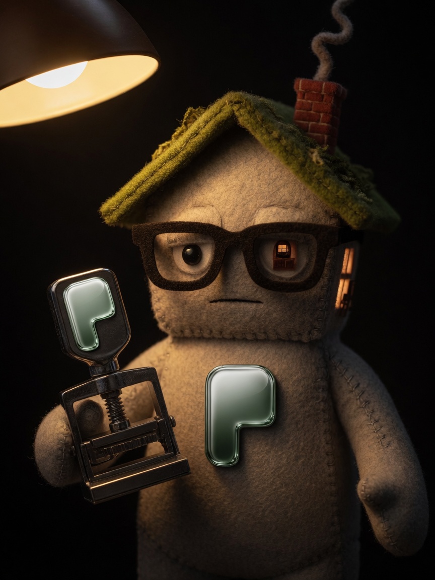 PonsSeal under the lamp: felt house on the head, black glasses, chrome P on the chest, steel press in hand.