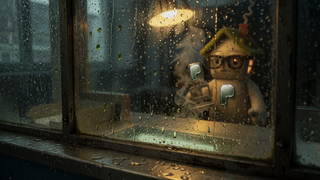 Rain on the booth glass, officer and chrome P blurred behind the drops.