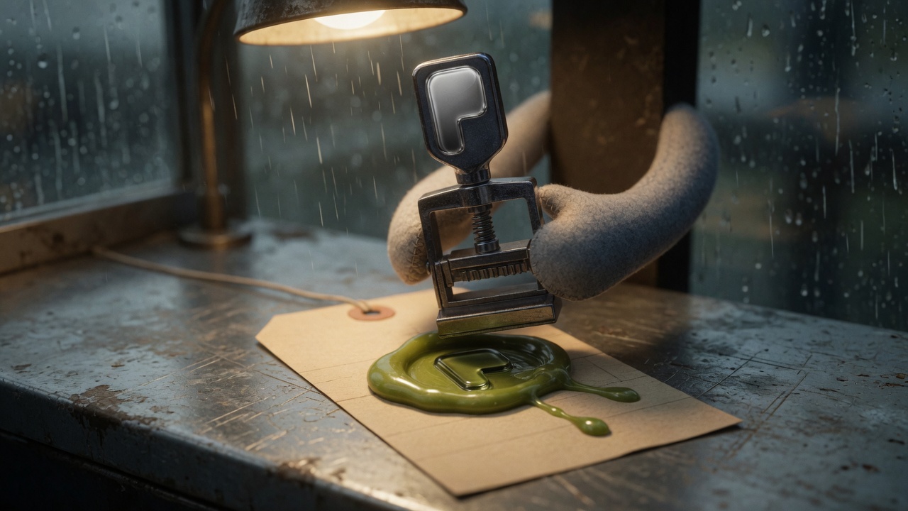 Felt hands pressing the steel P stamp into a round lime wax seal on a kraft tag.